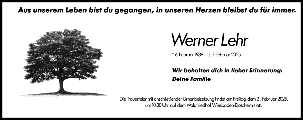  Traueranzeige für Werner Lehr vom 15.02.2025 aus Wiesbadener Kurier