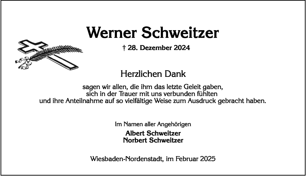  Traueranzeige für Werner Schweitzer vom 08.02.2025 aus Wiesbadener Kurier