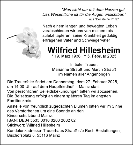 Traueranzeige von Wilfried Hillesheim von Allgemeine Zeitung Mainz