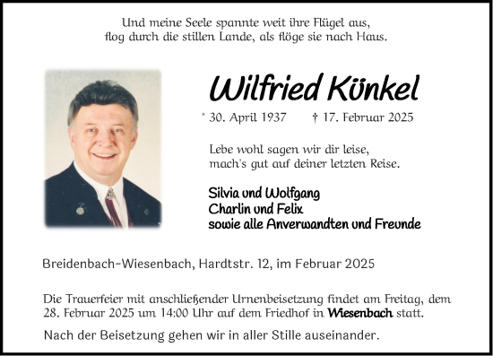 Traueranzeige von Wilfried Künkel von Hinterländer Anzeiger