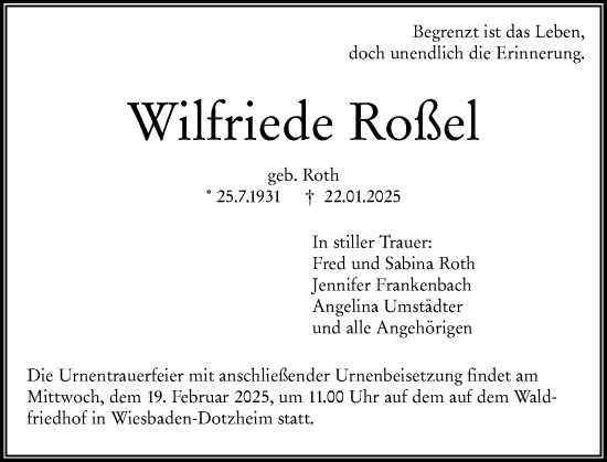 Traueranzeige von Wilfriede Roßel von Wiesbadener Kurier
