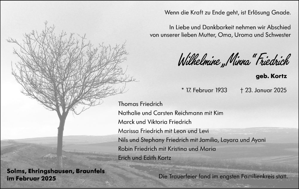  Traueranzeige für Wilhelmine Friedrich vom 22.02.2025 aus Wetzlarer Neue Zeitung