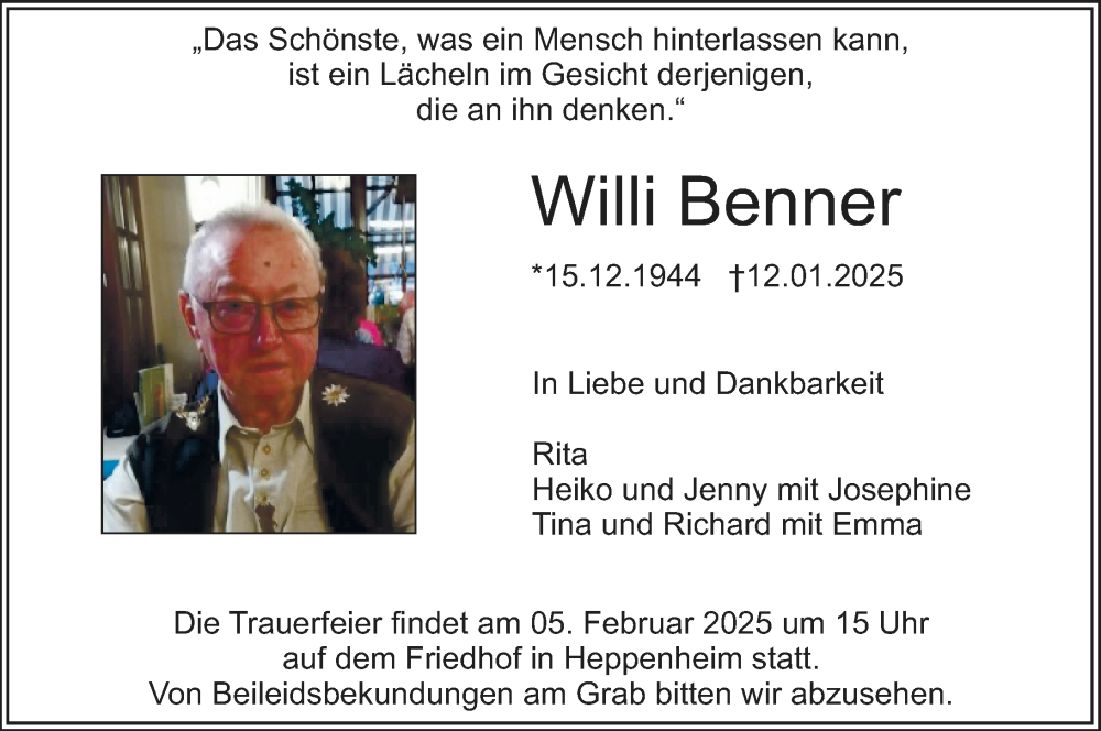  Traueranzeige für Willi Benner vom 01.02.2025 aus Starkenburger Echo