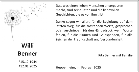 Traueranzeige von Willi Benner von Starkenburger Echo