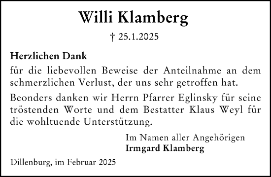 Traueranzeige von Willi Klamberg von Dill Block