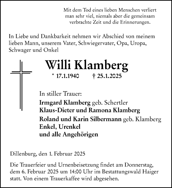 Traueranzeige von Willi Klamberg von Dill Block