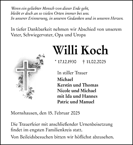 Traueranzeige von Willi Koch von Hinterländer Anzeiger