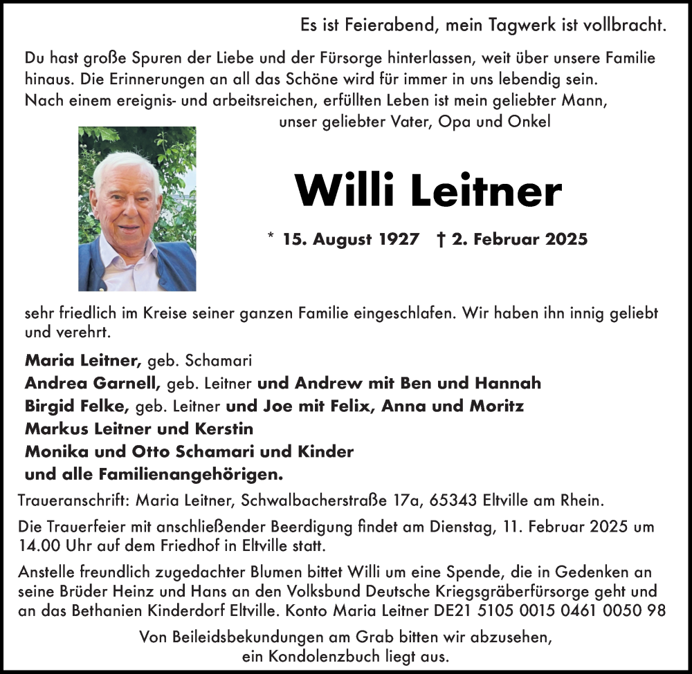  Traueranzeige für Willi Leitner vom 08.02.2025 aus Rheingau Kurier