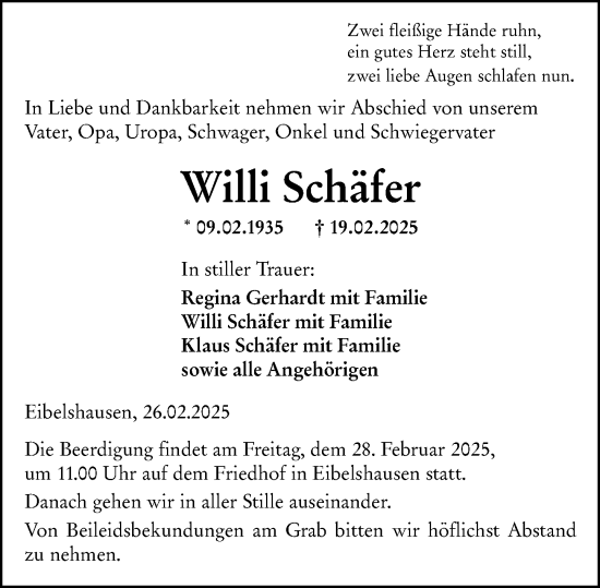 Traueranzeige von Willi Schäfer von Dill Block