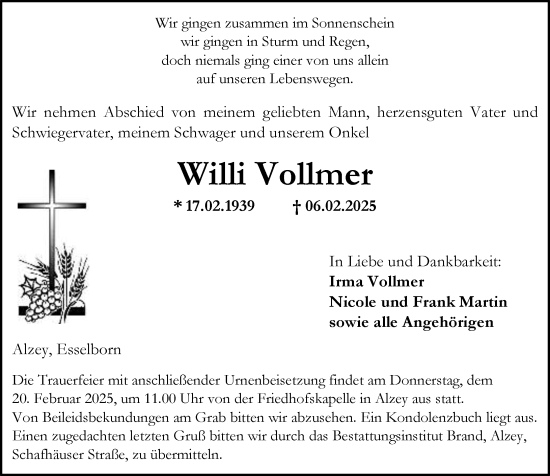 Traueranzeige von Willi Vollmer von Allgemeine Zeitung Alzey