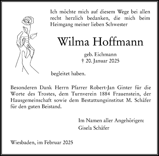 Traueranzeige von Wilma Hoffmann von Wiesbadener Kurier
