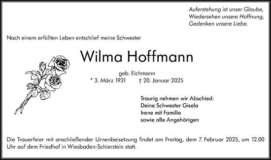 Traueranzeige von Wilma Hoffmann von Wiesbadener Kurier