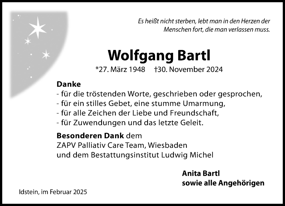  Traueranzeige für Wolfgang Bartl vom 15.02.2025 aus Idsteiner Land/Untertaunus