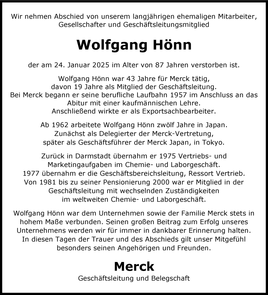  Traueranzeige für Wolfgang Hönn vom 08.02.2025 aus Darmstädter Echo