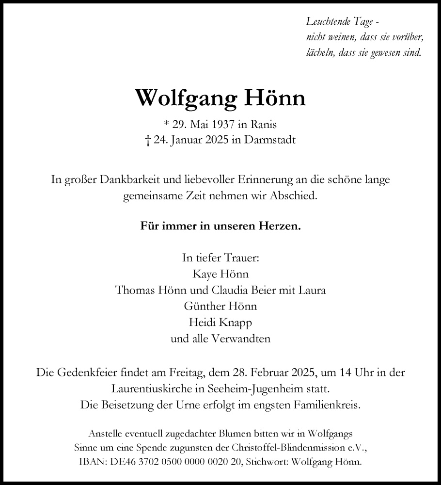  Traueranzeige für Wolfgang Hönn vom 08.02.2025 aus Darmstädter Echo