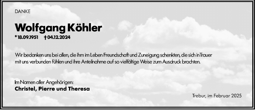  Traueranzeige für Wolfgang Köhler vom 08.02.2025 aus Rüsselsheimer Echo