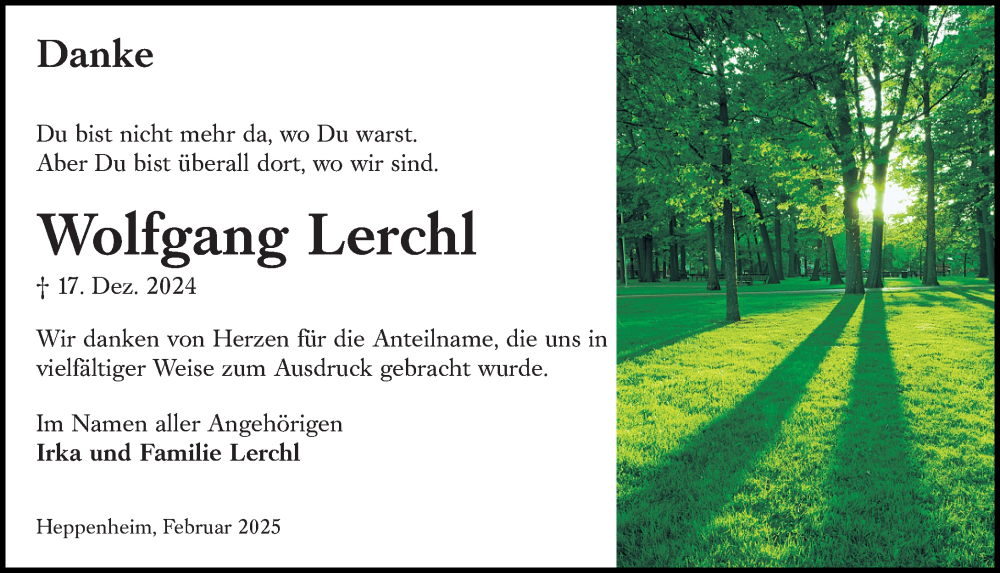  Traueranzeige für Wolfgang Lerchl vom 15.02.2025 aus Starkenburger Echo