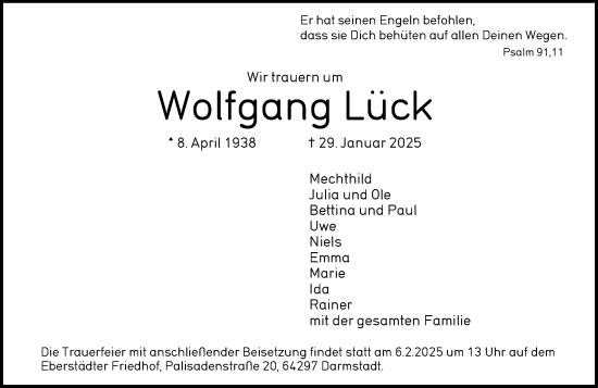 Traueranzeige von Wolfgang Lück von Darmstädter Echo