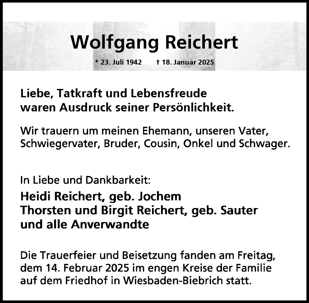  Traueranzeige für Wolfgang Reichert vom 15.02.2025 aus Wiesbadener Kurier