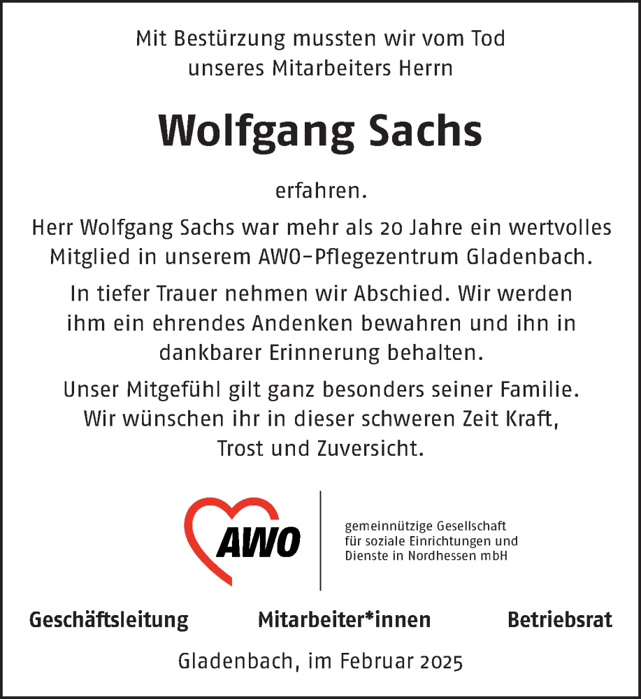  Traueranzeige für Wolfgang Sachs vom 08.02.2025 aus Hinterländer Anzeiger