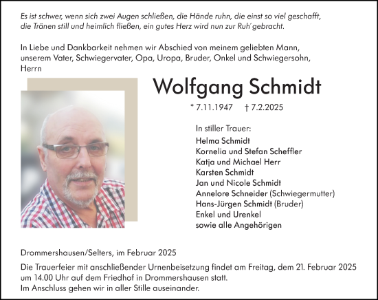 Traueranzeige von Wolfgang Schmidt von Weilburger Tageblatt