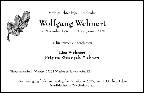 Traueranzeige von Wolfgang Wehnert von Wiesbadener Kurier