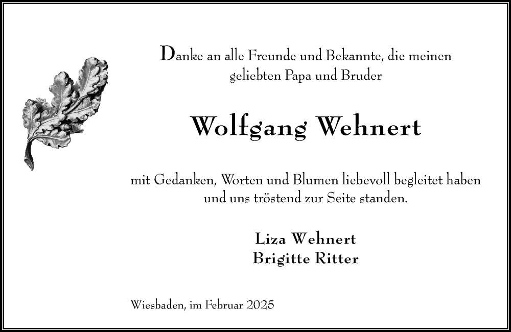  Traueranzeige für Wolfgang Wehnert vom 22.02.2025 aus Wiesbadener Kurier