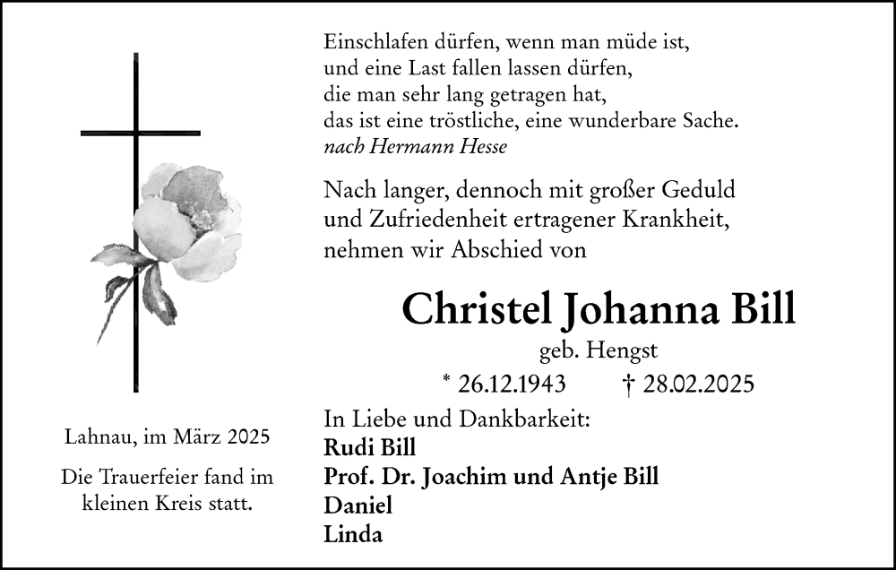  Traueranzeige für Christel Johanna Bill vom 08.03.2025 aus Wetzlarer Neue Zeitung