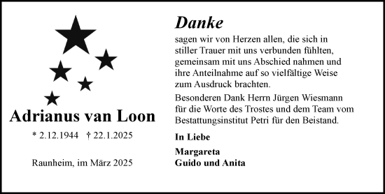 Traueranzeige von Adrianus van Loon von Rüsselsheimer Echo