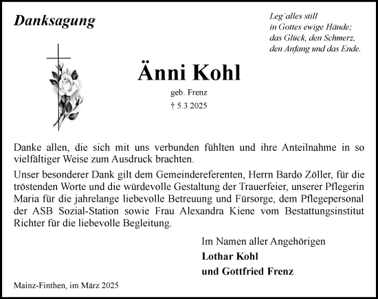 Traueranzeige von Änni Kohl von Allgemeine Zeitung Mainz