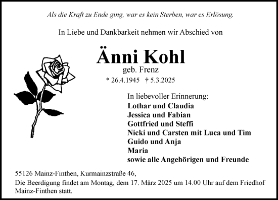 Traueranzeige von Änni Kohl von Allgemeine Zeitung Mainz