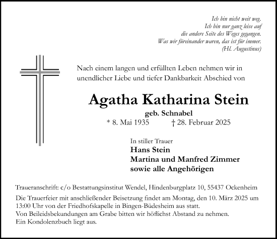 Traueranzeige von Agatha Katharina Stein von Allgemeine Zeitung Rheinhessen-Nahe