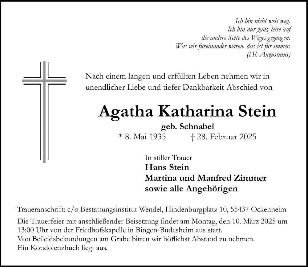  Traueranzeige für Agatha Katharina Stein vom 08.03.2025 aus Allgemeine Zeitung Rheinhessen-Nahe