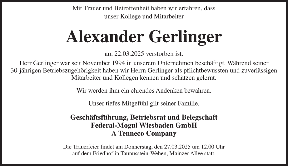  Traueranzeige für Alexander Gerlinger vom 26.03.2025 aus Wiesbadener Kurier