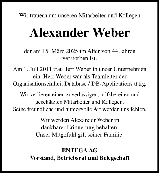 Traueranzeige von Alexander Weber von Odenwälder Echo