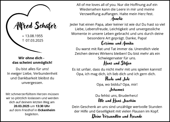Traueranzeige von Alfred Schäfer von Allgemeine Zeitung Rheinhessen-Nahe