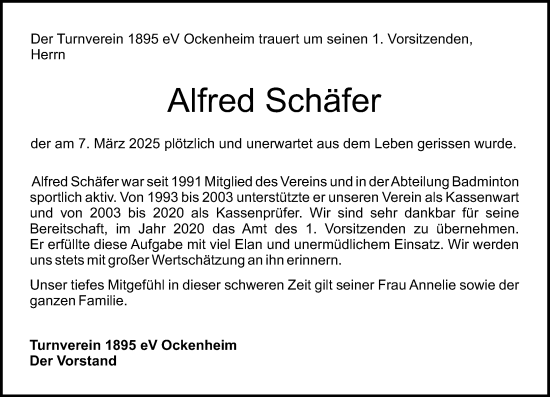Traueranzeige von Alfred Schäfer von Allgemeine Zeitung Rheinhessen-Nahe