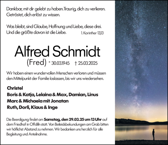 Traueranzeige von Alfred Schmidt von Dill Block