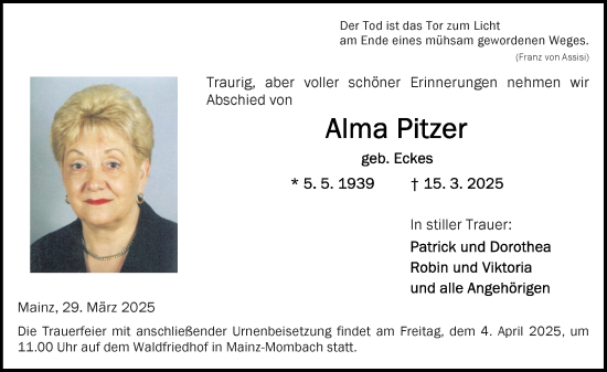 Traueranzeige von Alma Pitzer von Allgemeine Zeitung Mainz