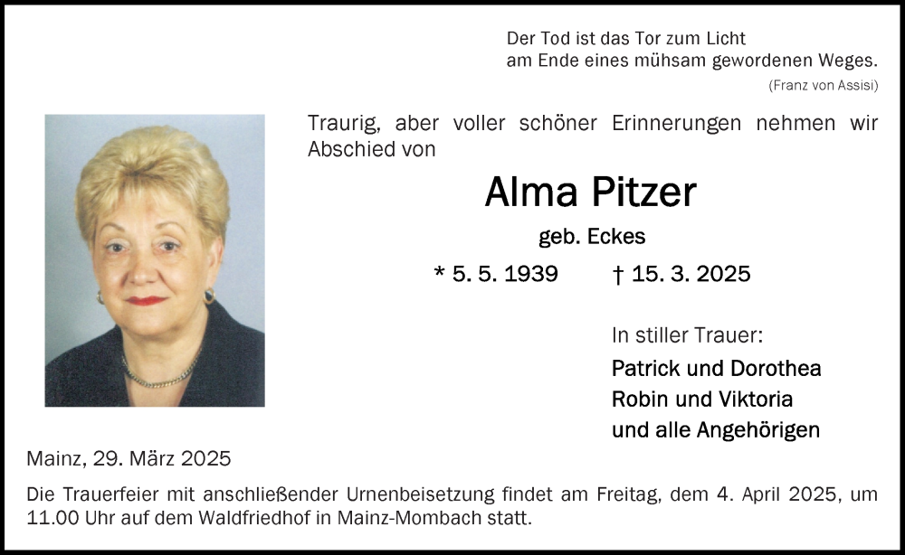  Traueranzeige für Alma Pitzer vom 29.03.2025 aus Allgemeine Zeitung Mainz