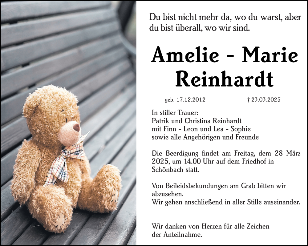  Traueranzeige für Amelie-Marie Reinhardt vom 26.03.2025 aus Dill Block