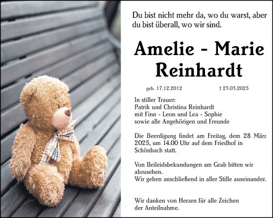 Traueranzeige von Amelie-Marie Reinhardt von Dill Block