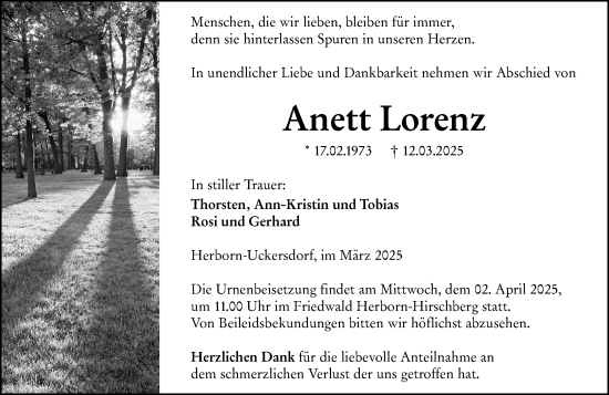 Traueranzeige von Anett Lorenz von Dill Block