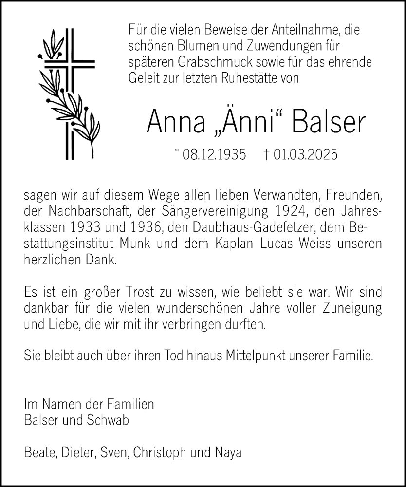  Traueranzeige für Anna Balser vom 21.03.2025 aus Hochheimer Zeitung