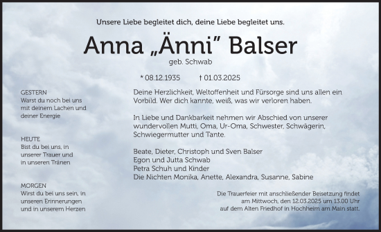 Traueranzeige von Anna Balser von Hochheimer Zeitung