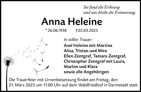 Traueranzeige von Anna Heleine von Darmstädter Echo