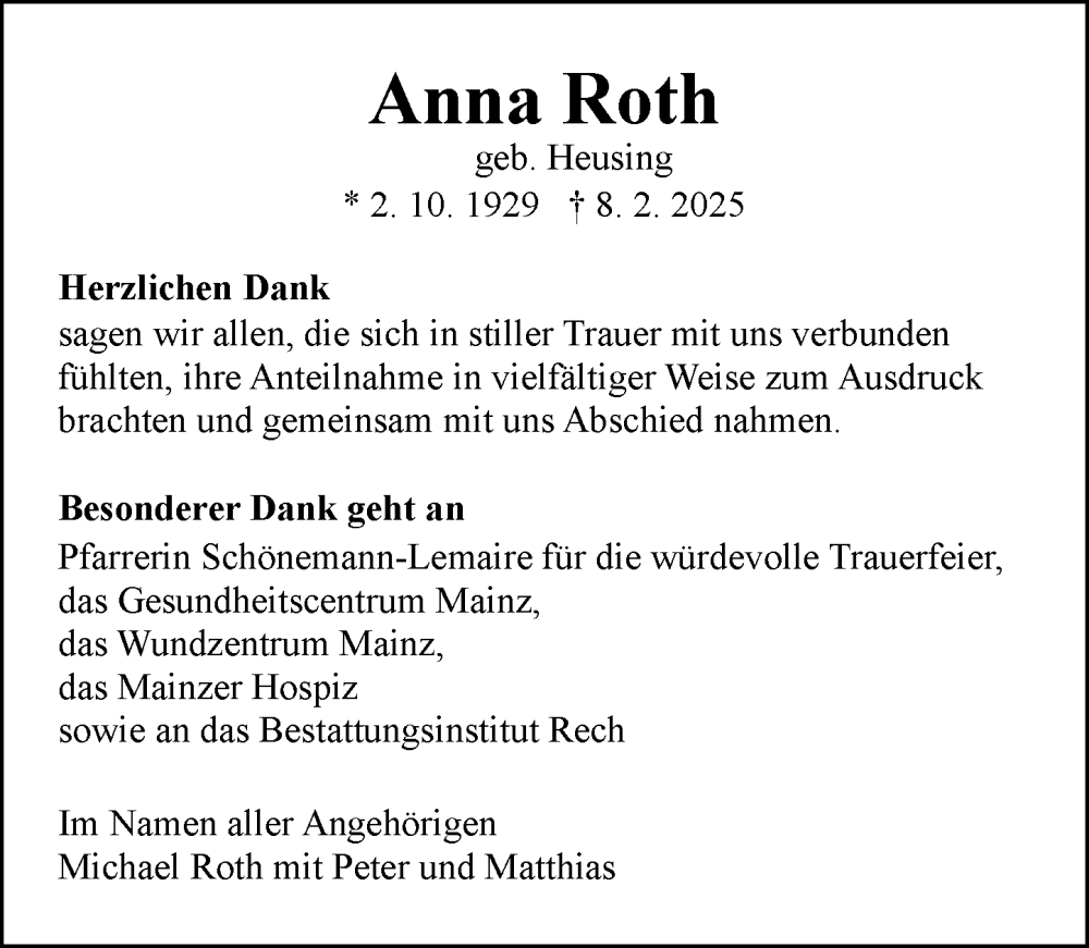  Traueranzeige für Anna Roth vom 01.03.2025 aus Allgemeine Zeitung Mainz