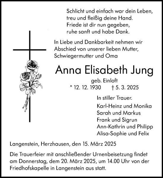 Traueranzeige von Anna Elisabeth Jung von Hinterländer Anzeiger