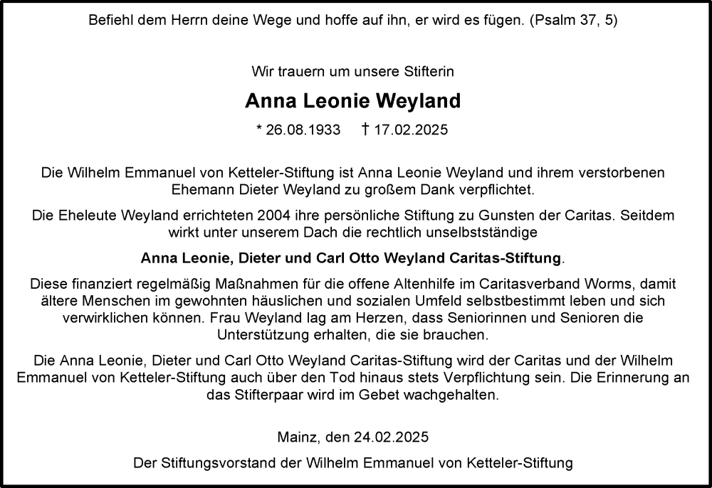  Traueranzeige für Anna Leonie Weyland vom 01.03.2025 aus Wormser Zeitung