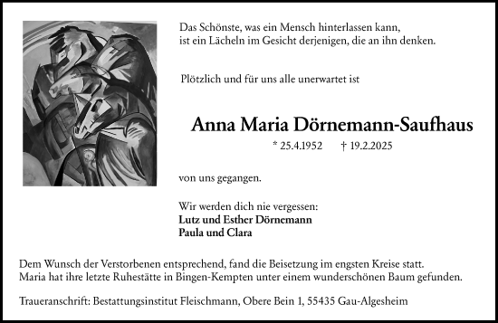 Traueranzeige von Anna Maria Dörnemann-Saufhaus von Allgemeine Zeitung Rheinhessen-Nahe